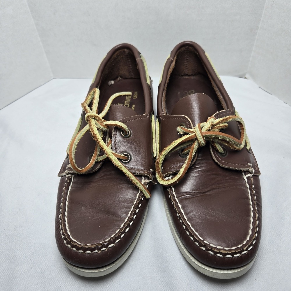 Vtg 80s Down-East Casual Footwear Brown Leather Hand Sewn Boat Shoes Mens 60B